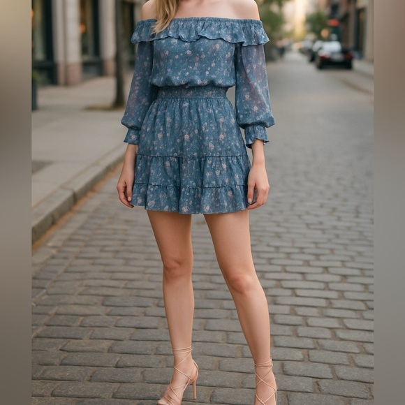 MISA Los Angeles Blue Floral Tiered Off the Shoulders Summer, Blue,Mini Dress, S - Picture 2 of 11